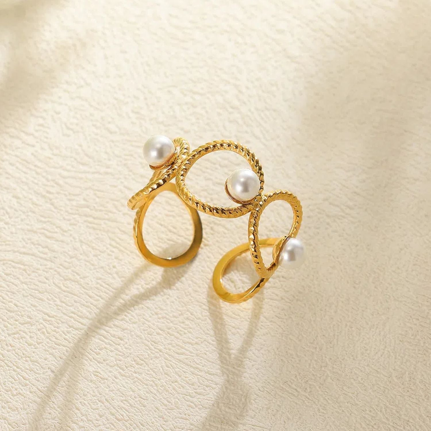 Stainless Steel Pearl Hollow Geometry Open Ring - Norellé