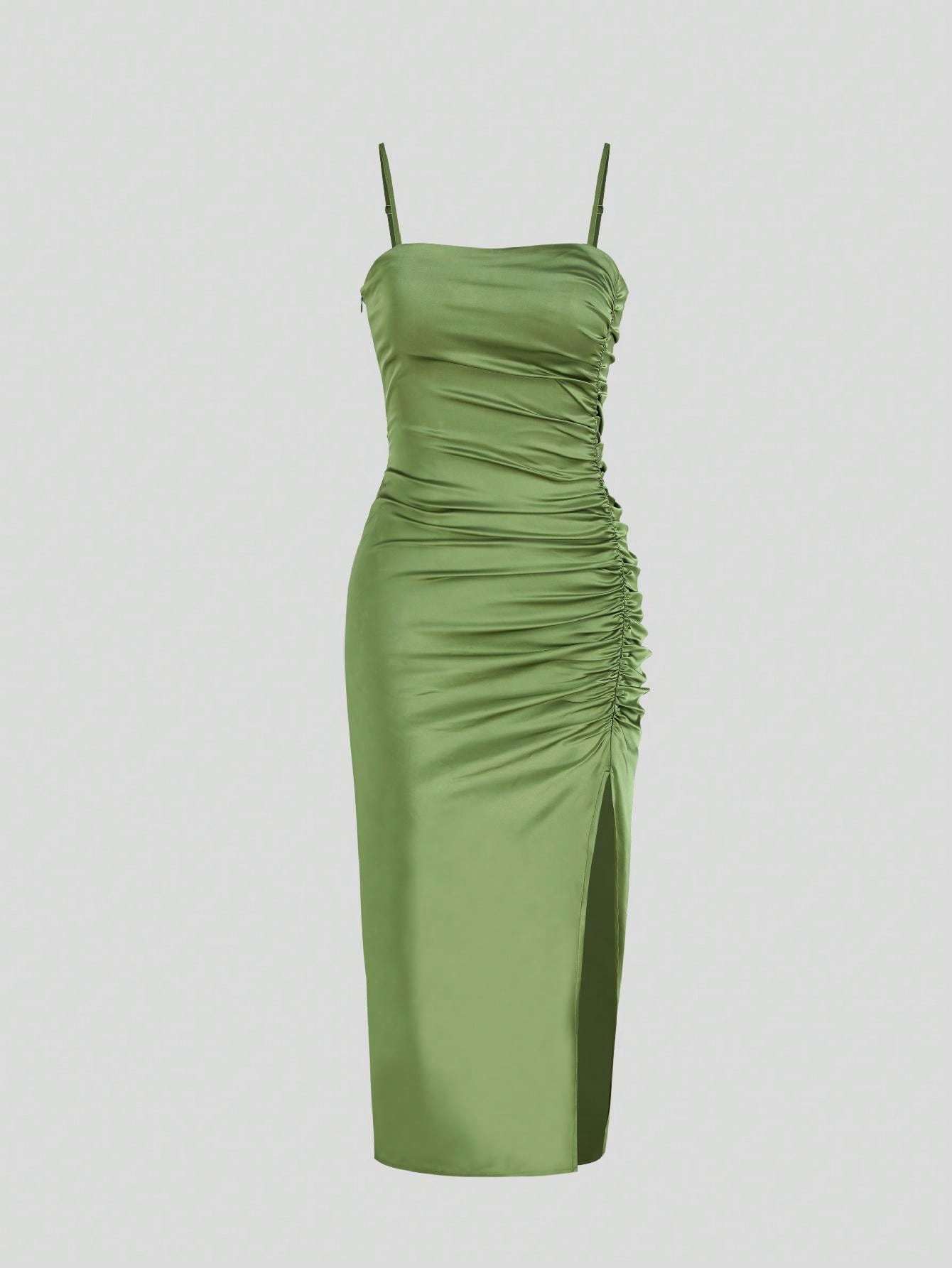 Solid Color Ruched Bodycon Slit Cami Dress - Norellé