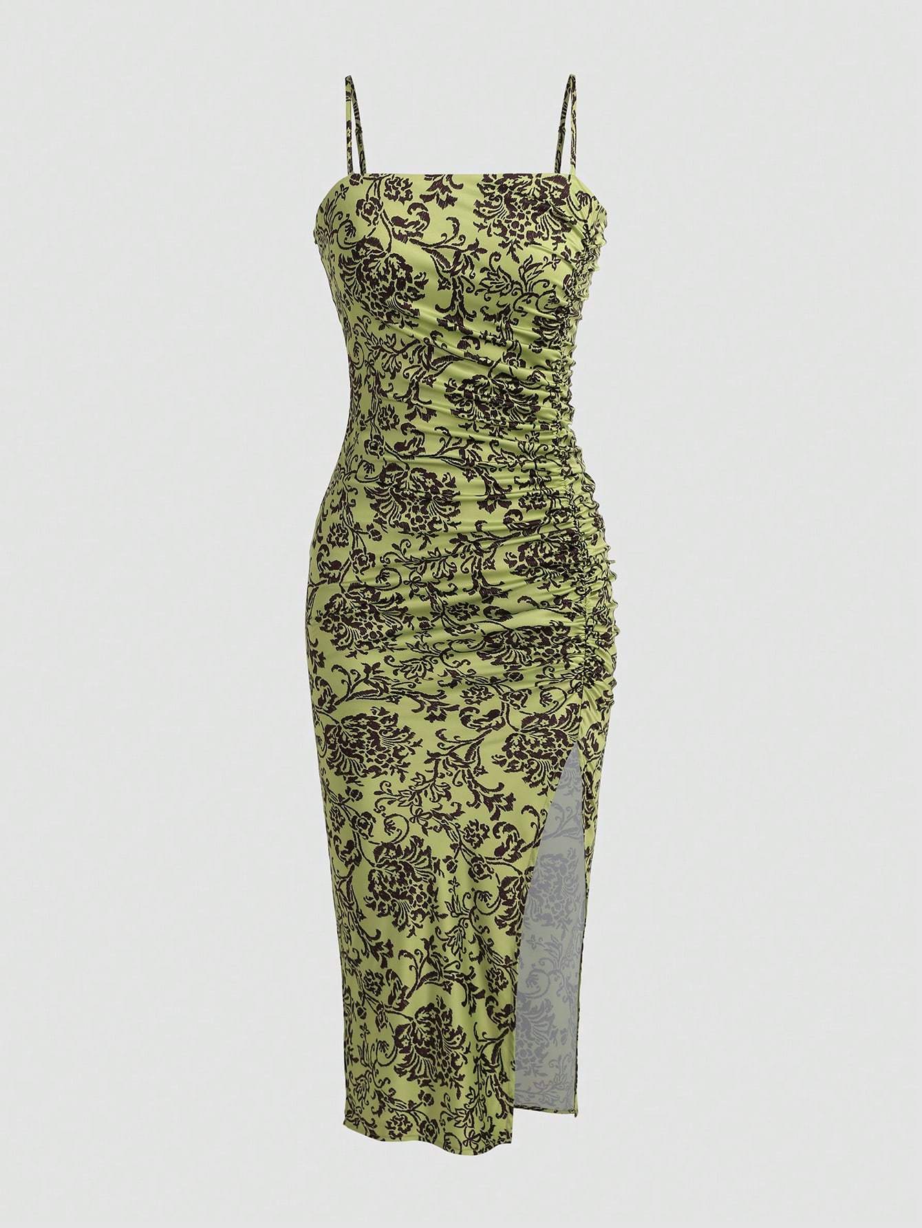 Solid Color Ruched Bodycon Slit Cami Dress - Norellé
