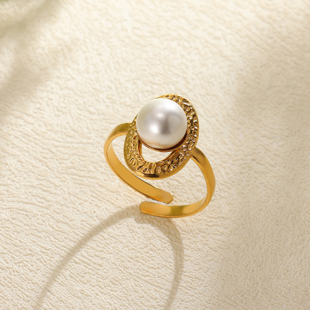 Stainless Steel Pearl Hollow Geometry Open Ring - Norellé