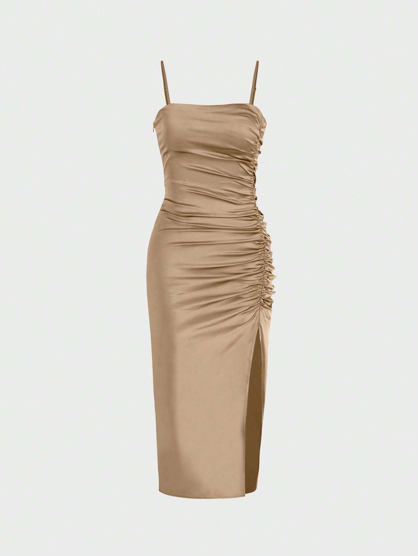 Solid Color Ruched Bodycon Slit Cami Dress - Norellé