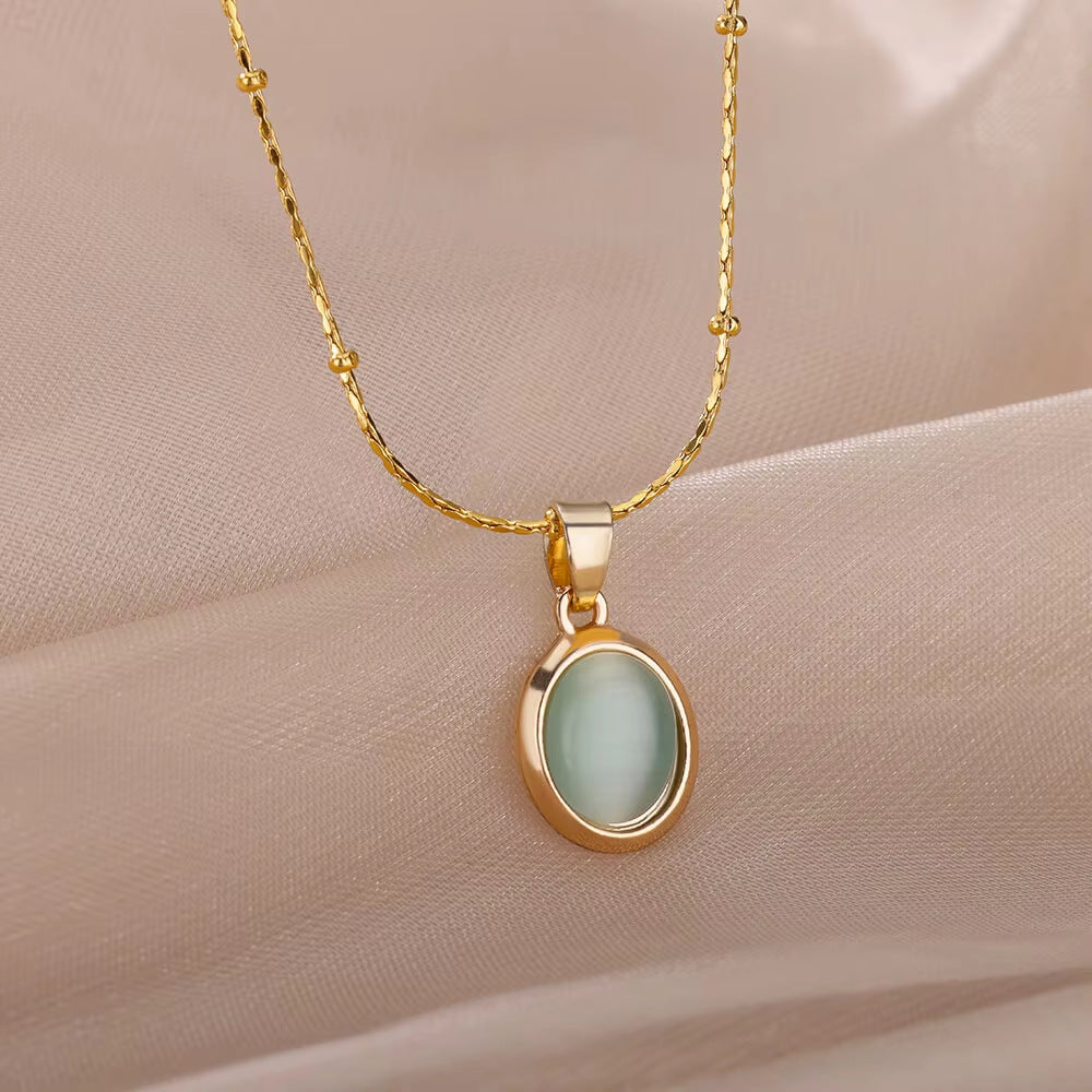 High-grade Oval Cat's Eye Pendant Titanium Steel Necklace - Norellé