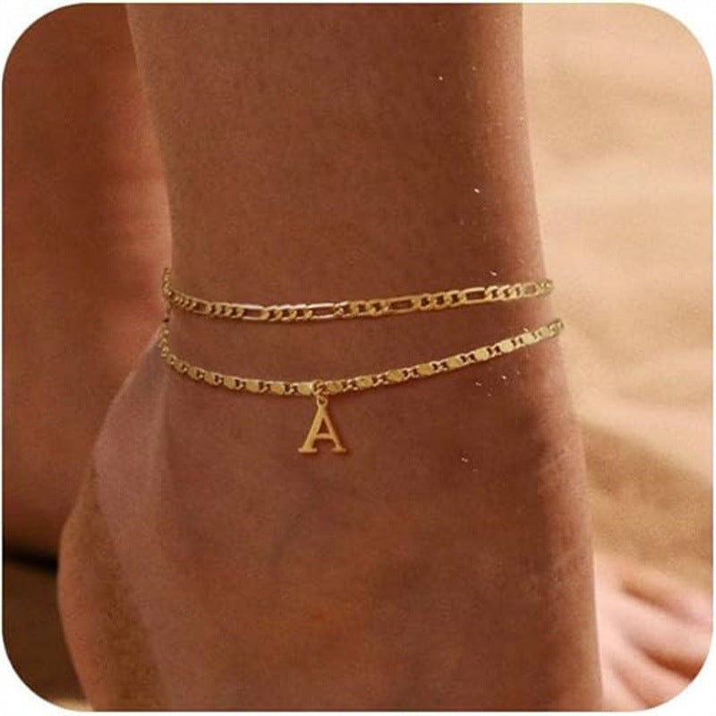 26 Initial Letter Anklets Gold Double Layer Chain Anklet Twin - Norellé