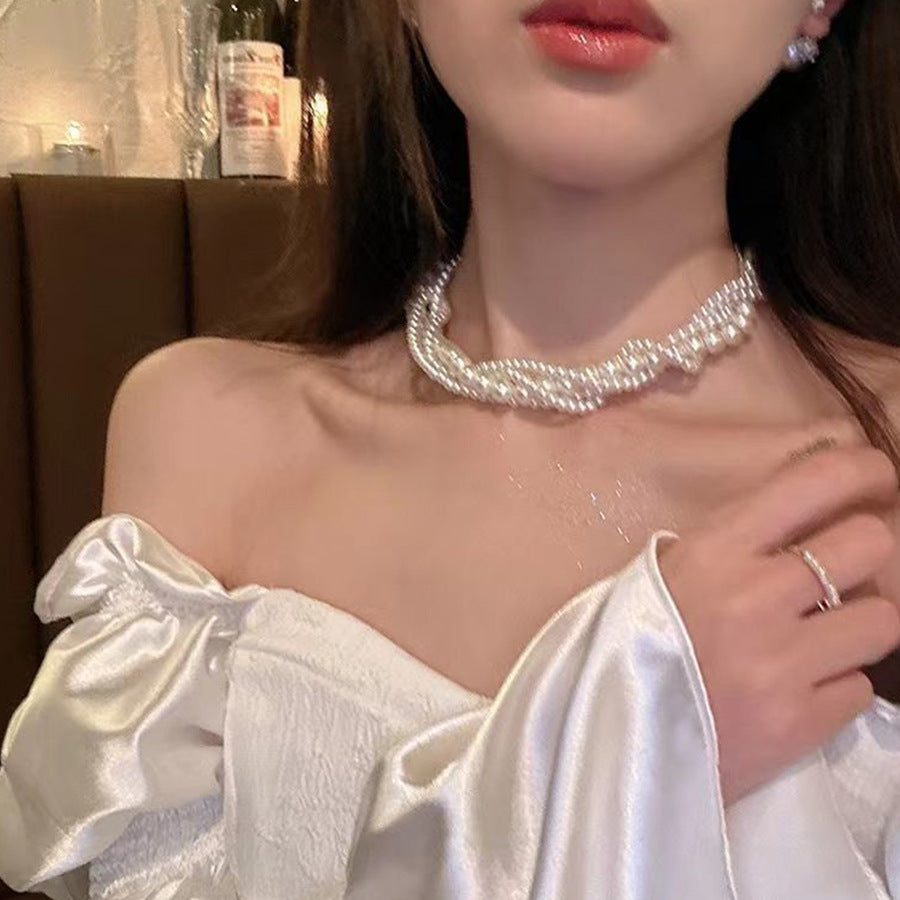 New Rhinestone Pearl Tassel Double-layer Necklace - Norellé