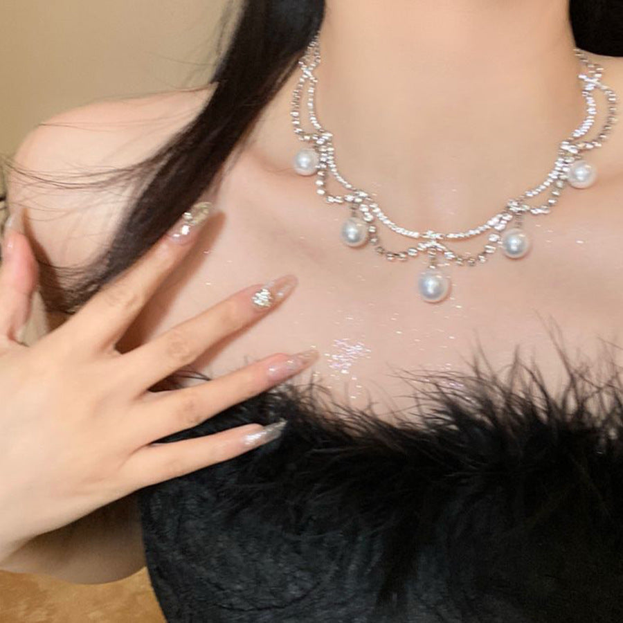 New Rhinestone Pearl Tassel Double-layer Necklace - Norellé