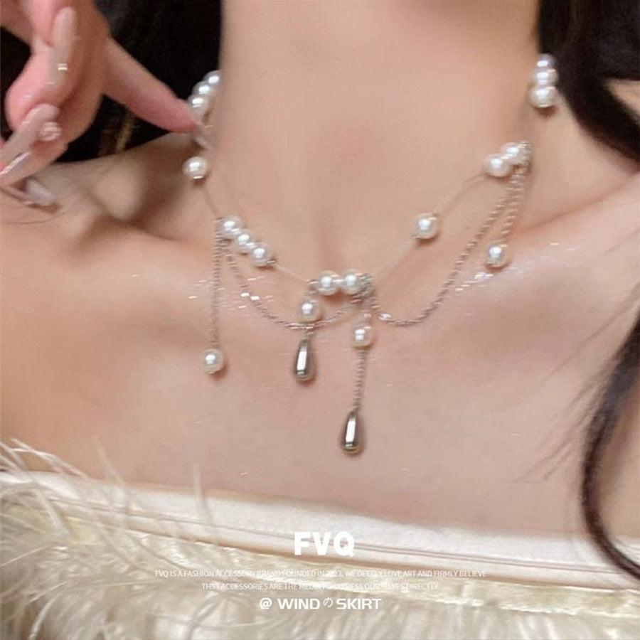 New Rhinestone Pearl Tassel Double-layer Necklace - Norellé