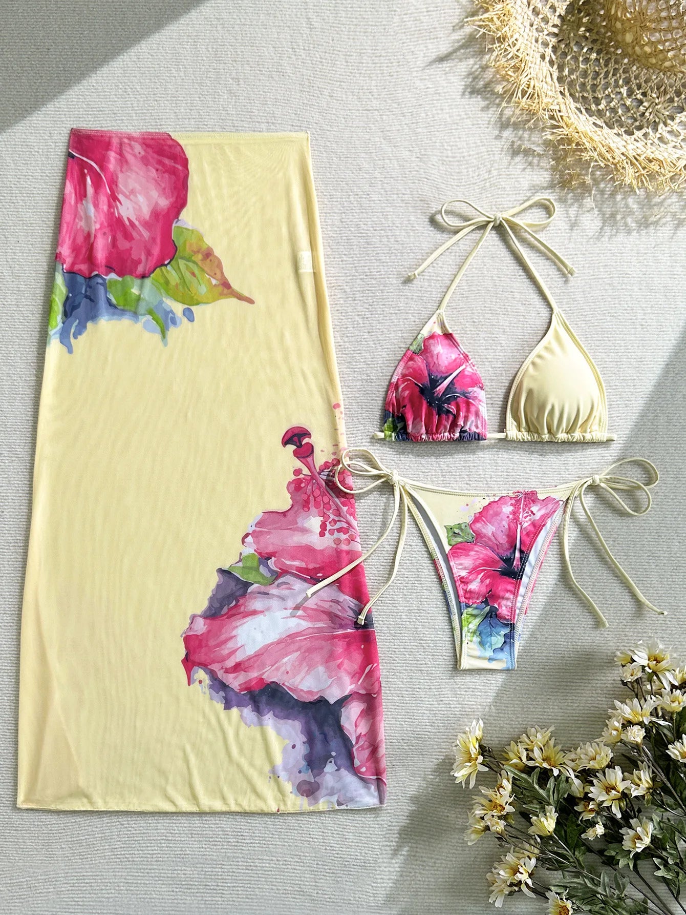 Flower Print Bikini Set Women's High Waist Long Skirt 3 Piece Swimsuit - Norellé