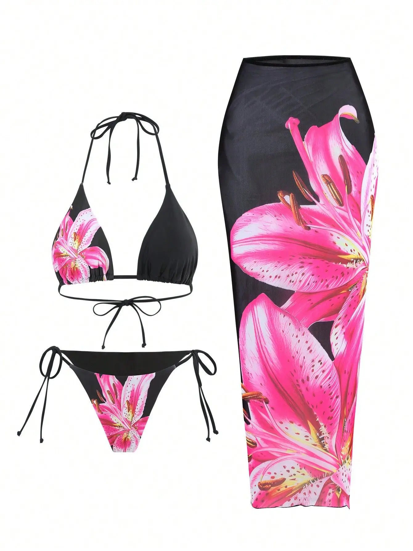 Flower Print Bikini Set Women's High Waist Long Skirt 3 Piece Swimsuit - Norellé