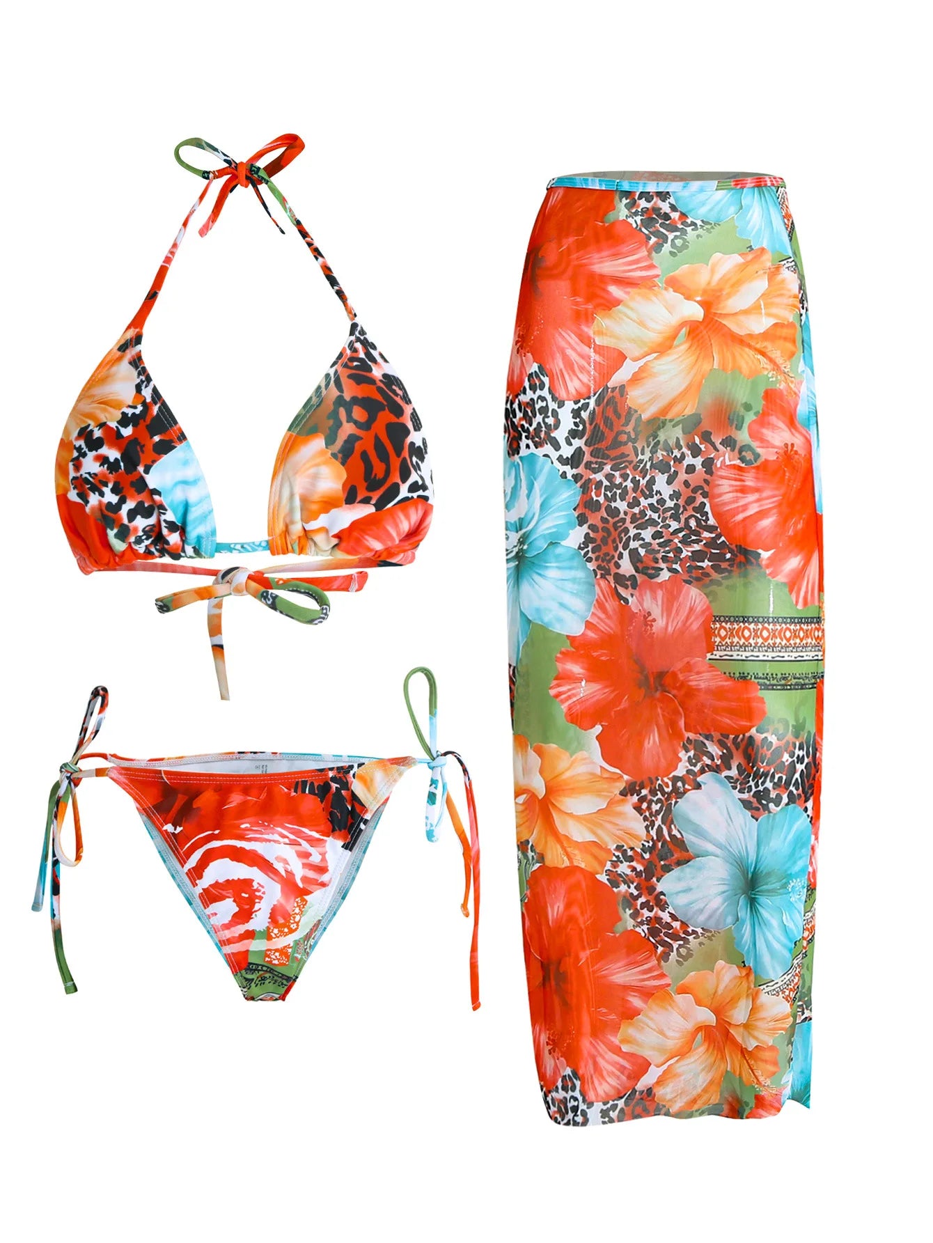 Flower Print Bikini Set Women's High Waist Long Skirt 3 Piece Swimsuit - Norellé