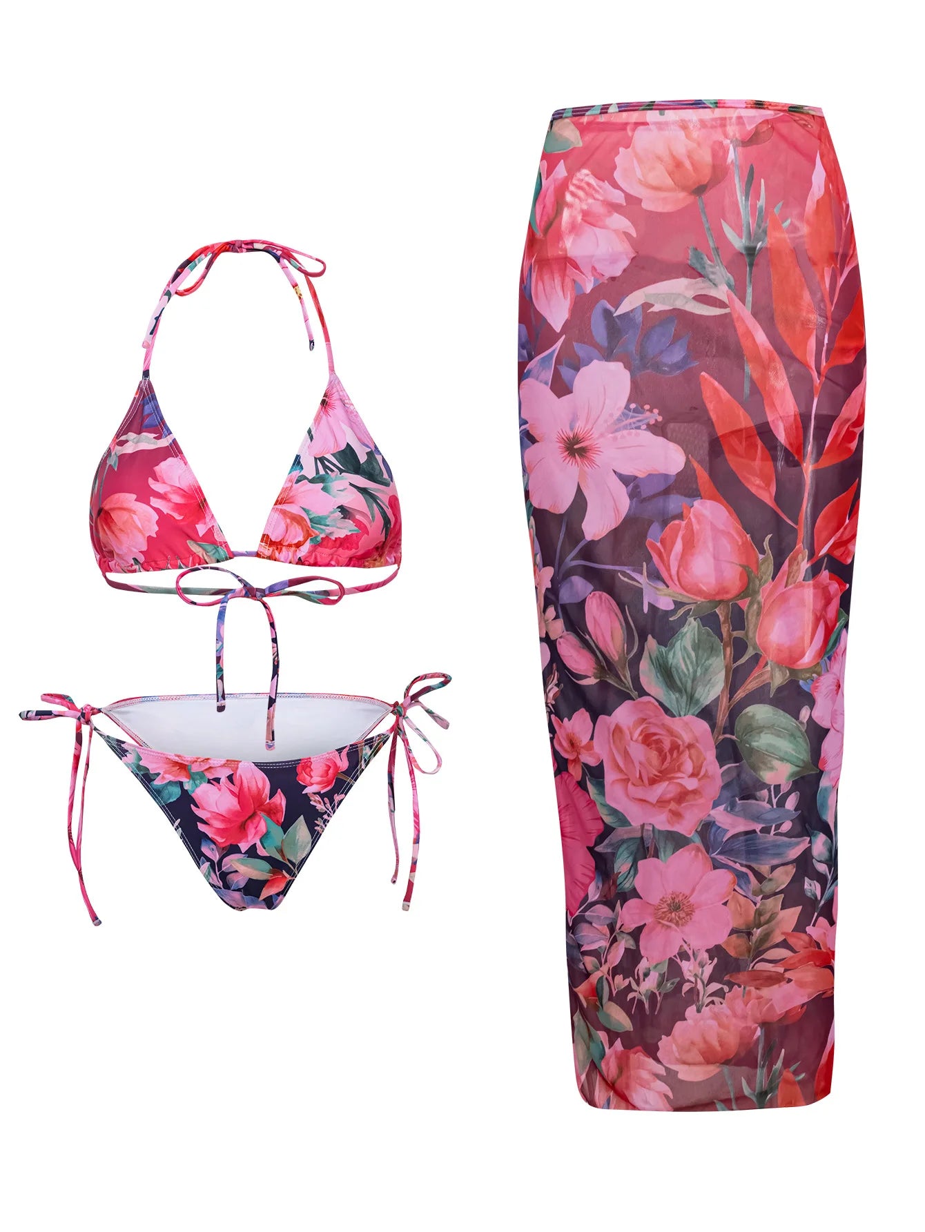 Flower Print Bikini Set Women's High Waist Long Skirt 3 Piece Swimsuit - Norellé