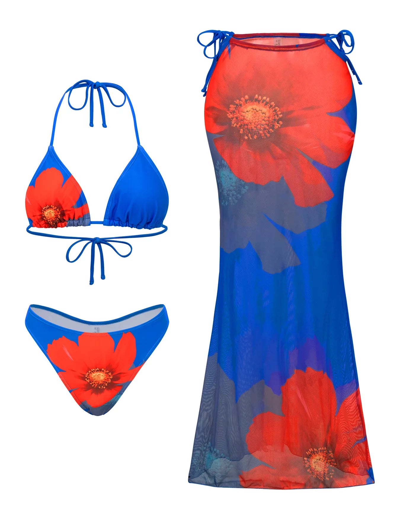 Flower Print Bikini Set Women's High Waist Long Skirt 3 Piece Swimsuit - Norellé