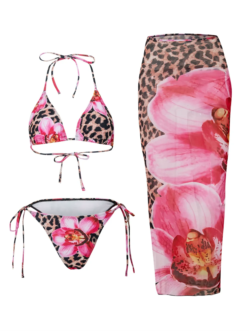 Flower Print Bikini Set Women's High Waist Long Skirt 3 Piece Swimsuit - Norellé