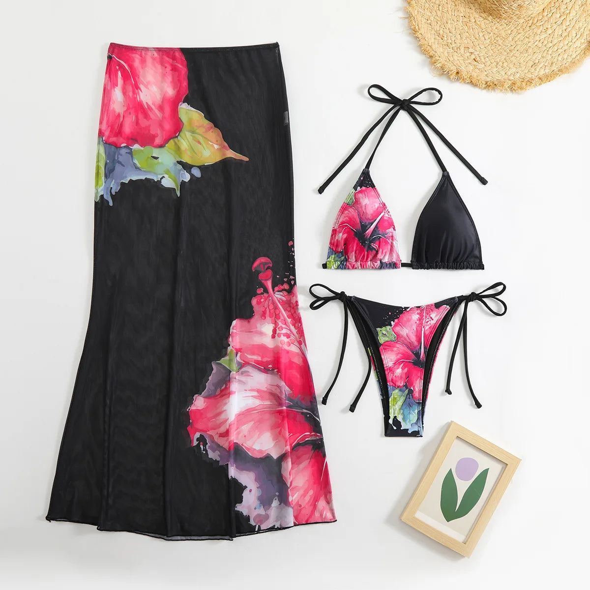 Flower Print Bikini Set Women's High Waist Long Skirt 3 Piece Swimsuit - Norellé