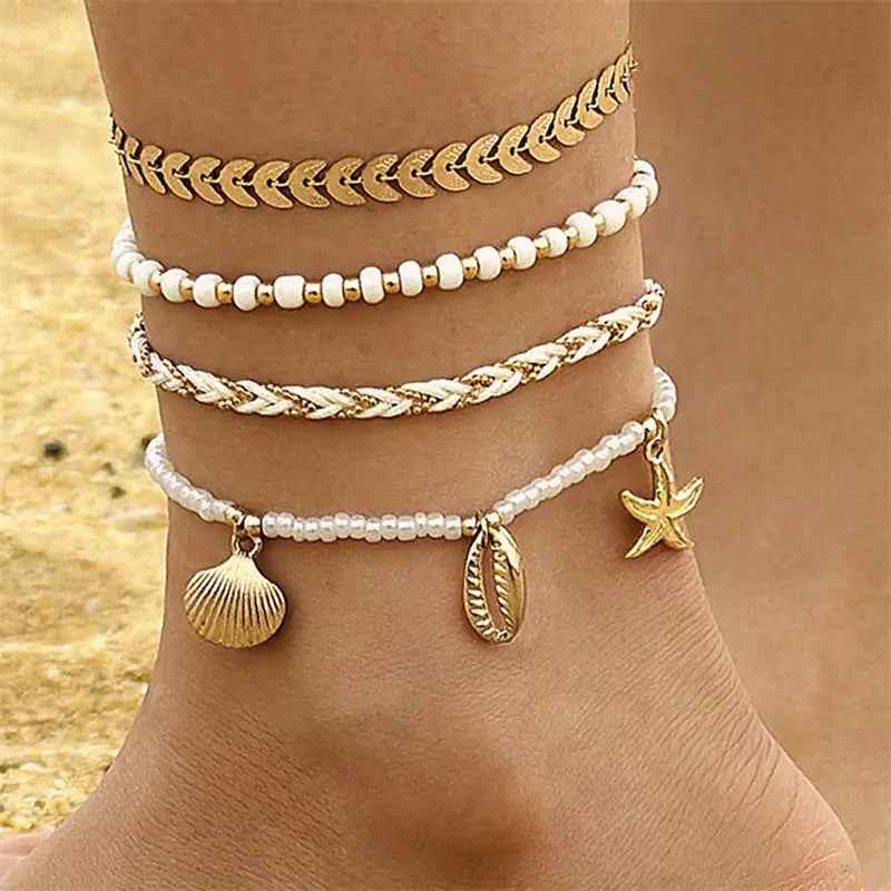 Bohemian Ocean Wind Starfish Shell Pearl Anklet - Norellé
