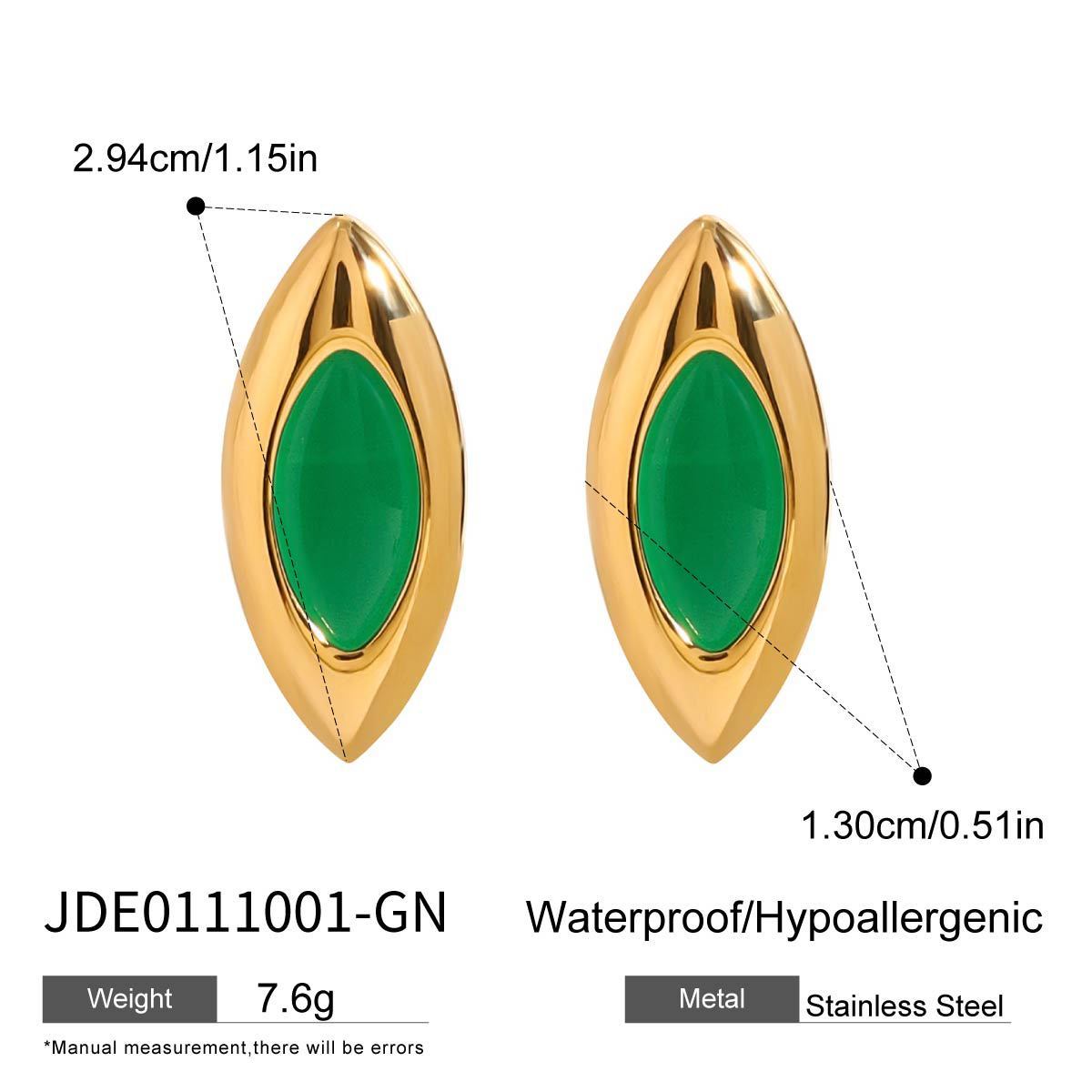 Stainless Steel Studs Ornament Green Agate - Norellé