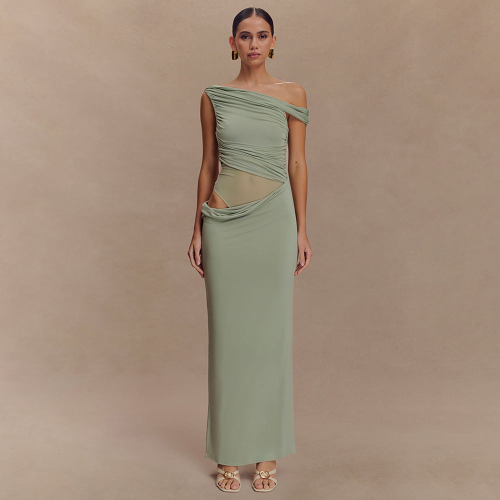 Pleated Women's Dress Shoulder Midriff Outfit - Norellé