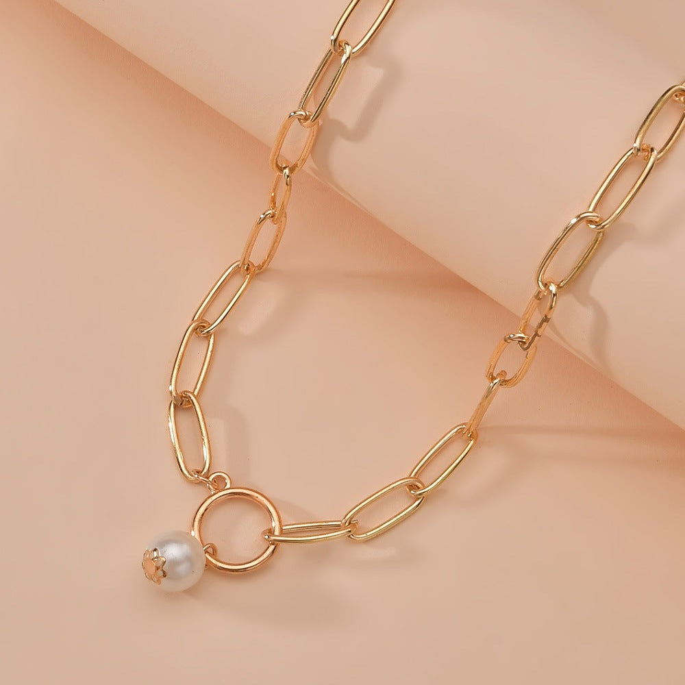 Hoop And Pearl Pendant Metal Clavicle Chain Necklace - Norellé