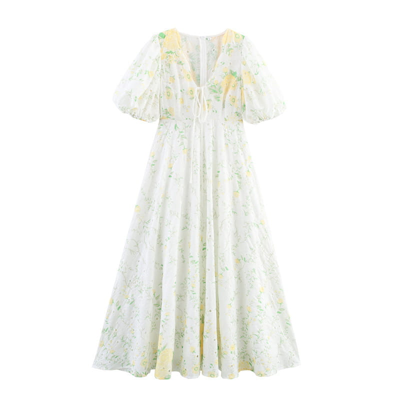 Printed V-neck Puff Sleeve Dress