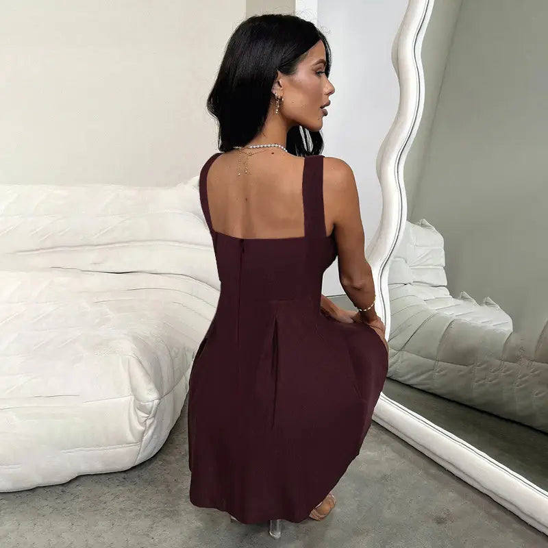 Solid Color Sling Slim-fit Pleated Skirt High Waist Dress