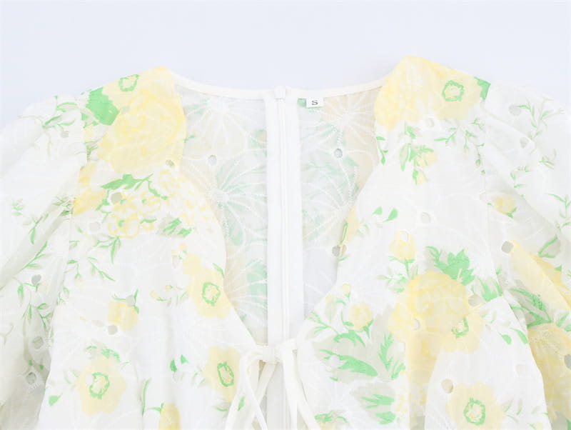 Printed V-neck Puff Sleeve Dress