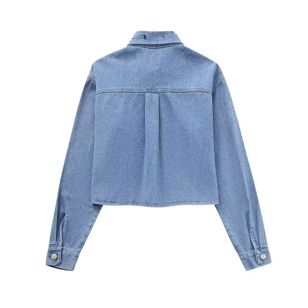 Long Sleeve Rhinestone Short Denim Shirt