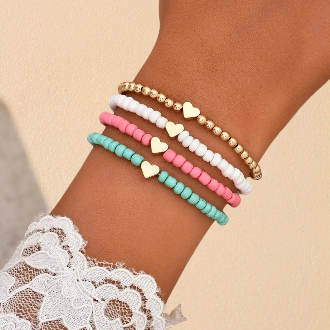 Bohemian Love Bead Four-piece Bracelet Simple Peach Heart Beaded Bracelet Bracelet - Norellé