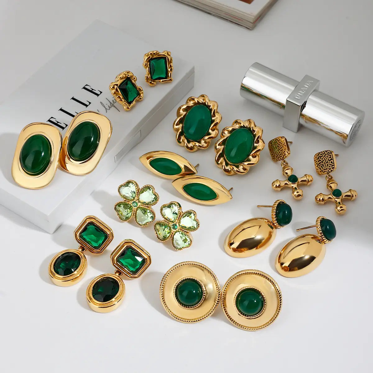 Stainless Steel Studs Ornament Green Agate