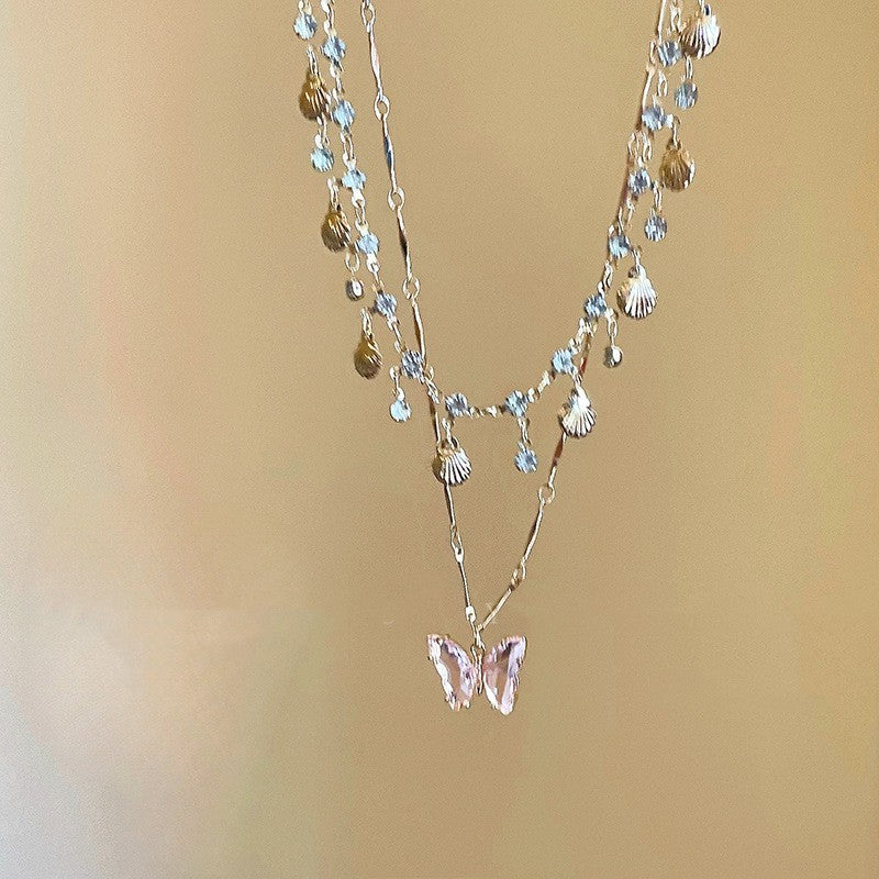 Blue Butterfly Double-layered Tassel Necklace Summer - Norellé