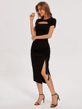 Women's  Round Neck Hollow Split To Thigh Drawstring Short Sleeve Dress - Norellé