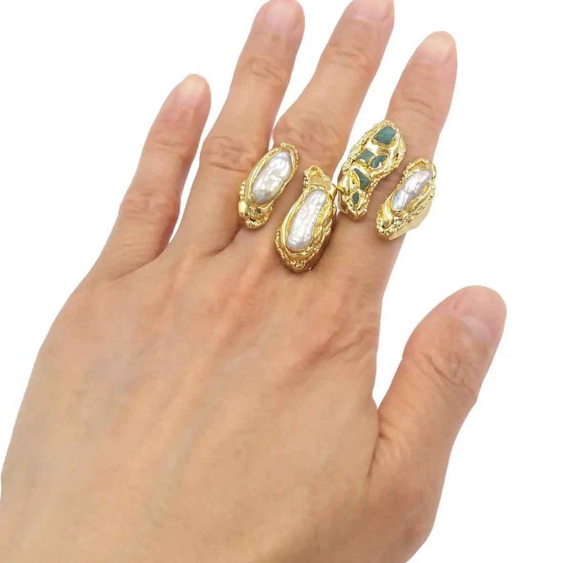 Natural Freshwater Pearl Amazonite 18K Gold Plated Exaggerated Large Ring - Norellé