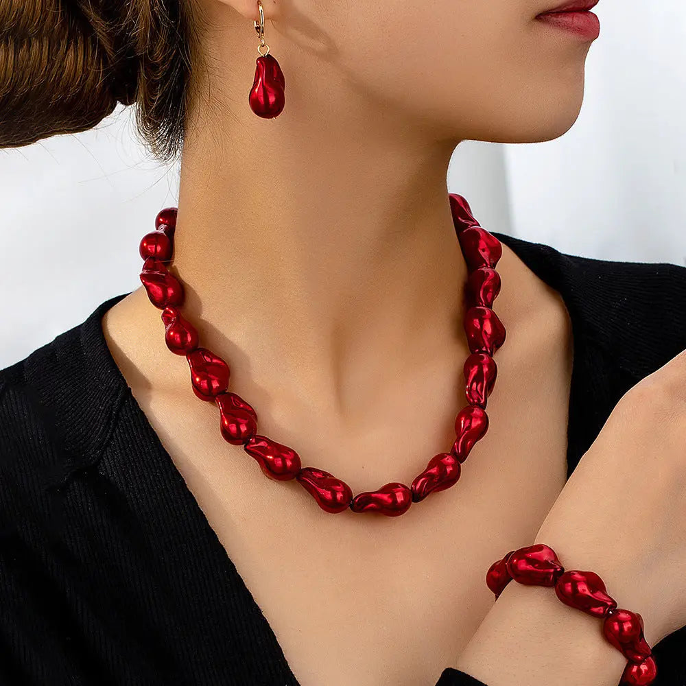 New Shaped Pearl Necklace Bracelet Ear Studs Suit Vintage - Norellé