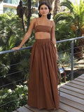 100% Cotton Suspender Underwear Half Long Skirt Set - Brown / M