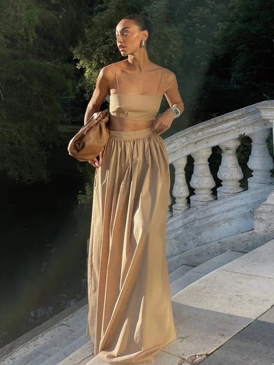 100% Cotton Suspender Underwear Half Long Skirt Set - Khaki / S