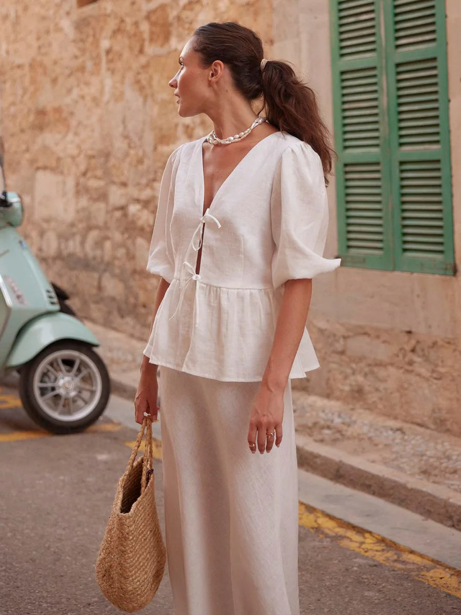 100% Cotton V-neck Lace Up Short Sleeved Skirt Set