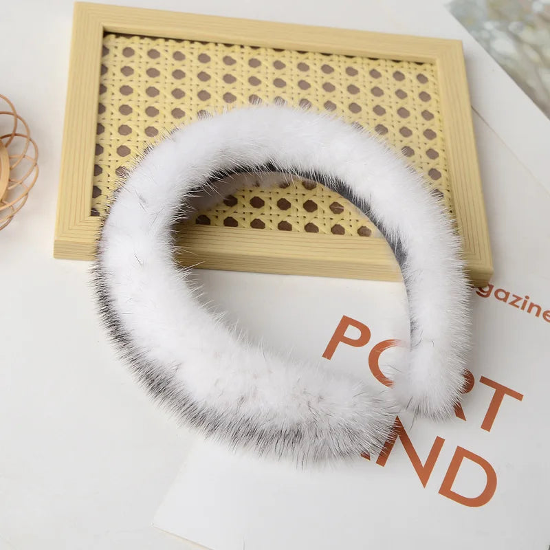100% Real Mink Fur Headbands - cross mink white