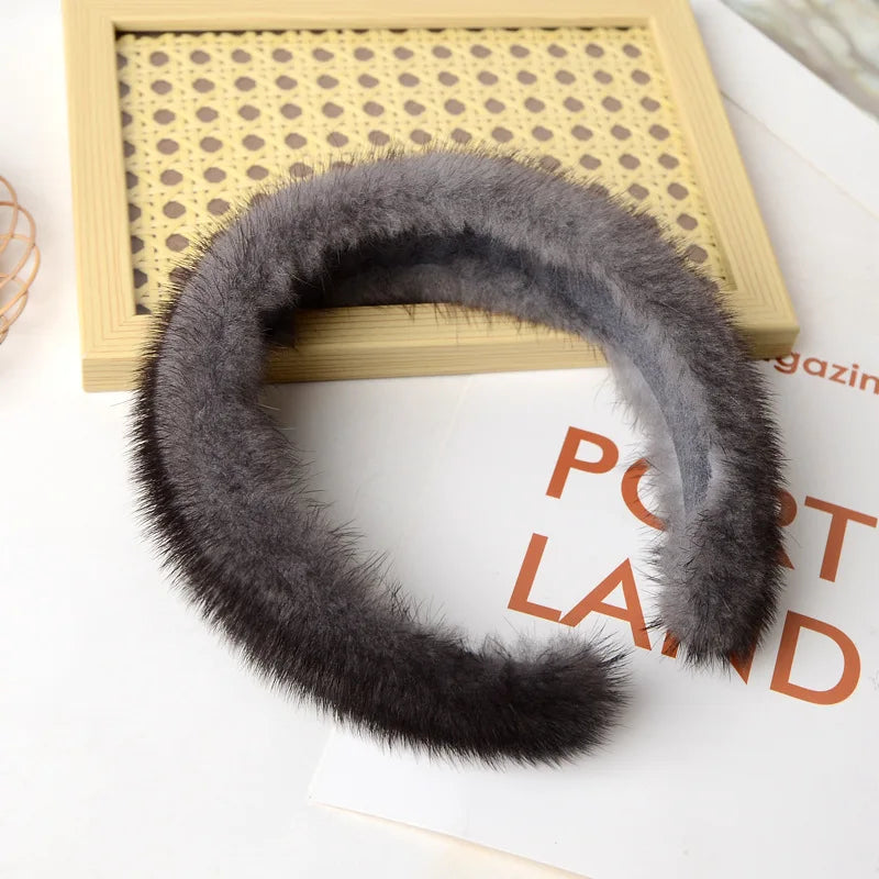 100% Real Mink Fur Headbands - dark grey