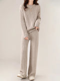 100% Wool Suit Women’s Pullover Sweater Knitting O-neck Wide Leg Pant - Beige / XL