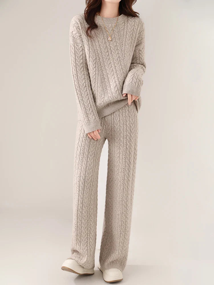 100% Wool Suit Women’s Pullover Sweater Knitting O-neck Wide Leg Pant - Beige / XL