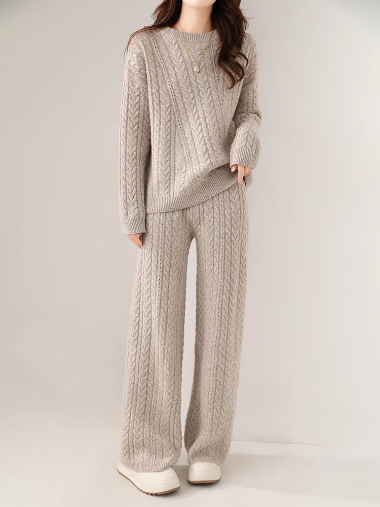 100% Wool Suit Women’s Pullover Sweater Knitting O-neck Wide Leg Pant
