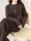 100% Wool Suit Women’s Pullover Sweater Knitting O-neck Wide Leg Pant