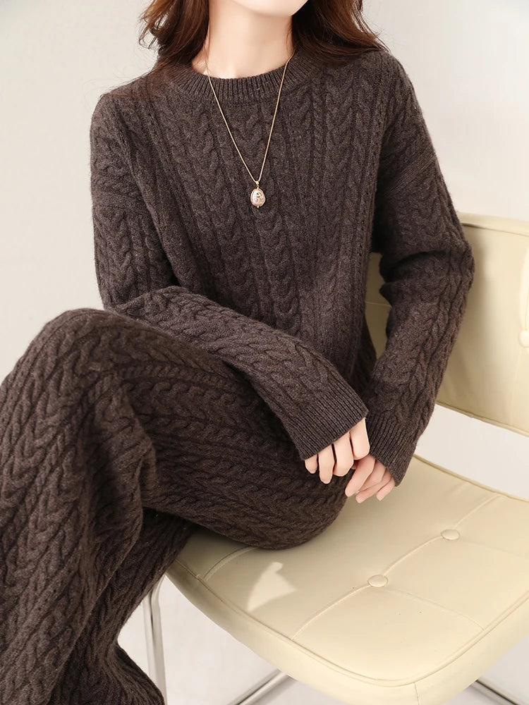 100% Wool Suit Women’s Pullover Sweater Knitting O-neck Wide Leg Pant