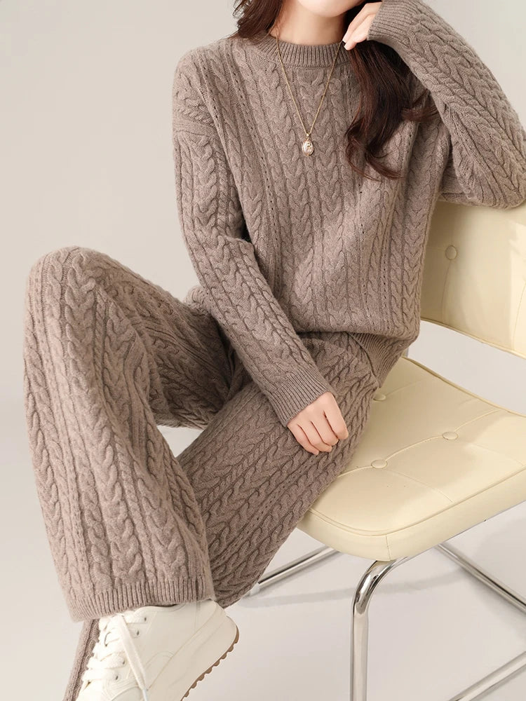 100% Wool Suit Women’s Pullover Sweater Knitting O-neck Wide Leg Pant