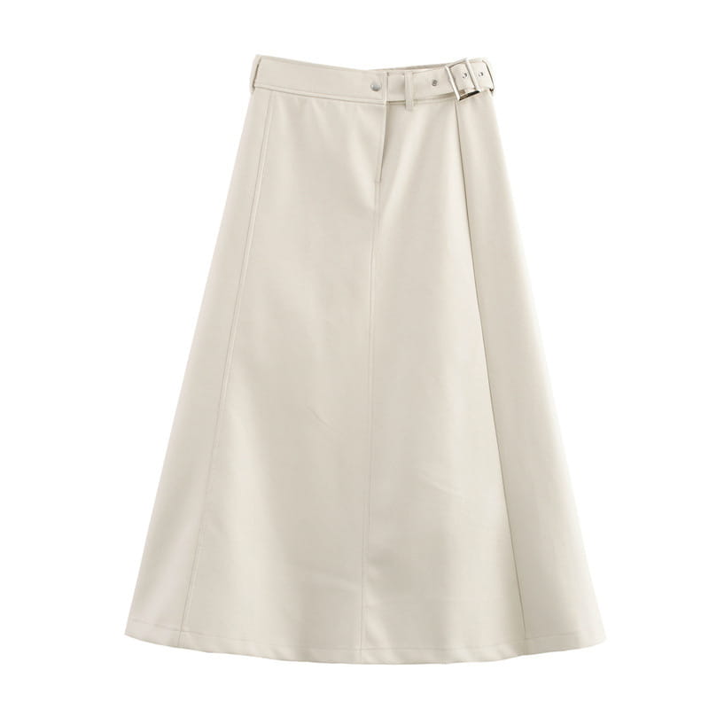 High Waist Pure Color With Belt A- Line Faux Leather Midi Skirt