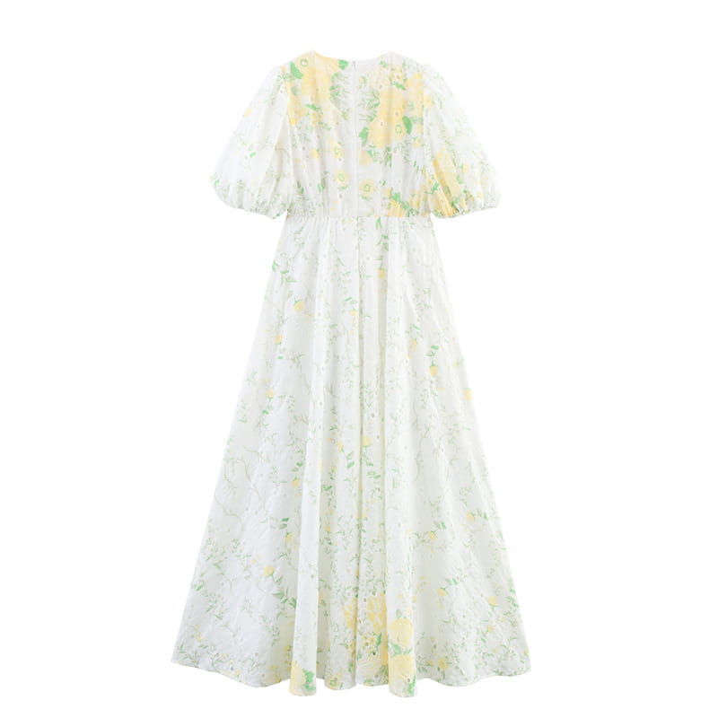 Printed V-neck Puff Sleeve Dress