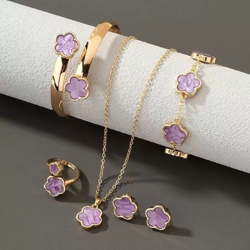 Five Petal Flower 5-piece Necklace Brace Lace Bracelet Stud Earrings Ring - Norellé