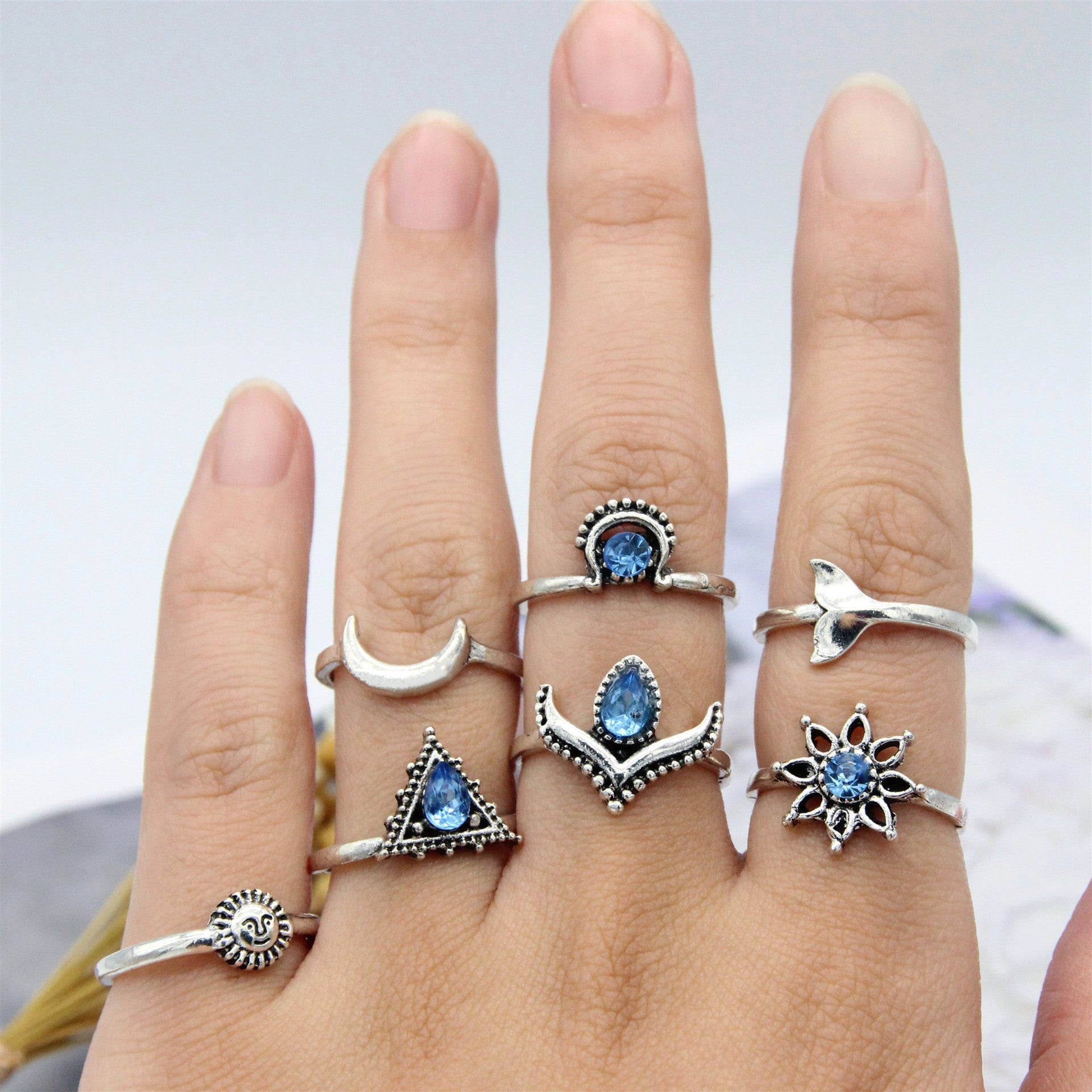 Sun Crescent Triangle Gem Fishtail Flower Ring Suit - Norellé