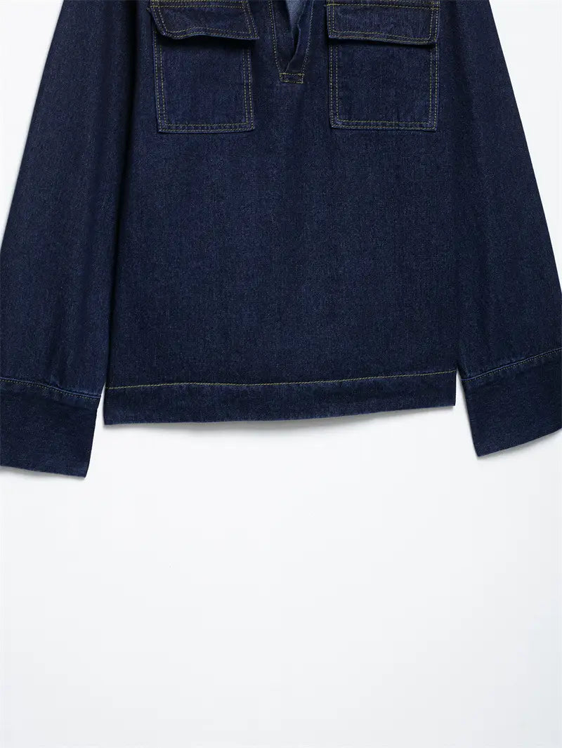 Fashion Loose Blue Denim 2-piece Set Vintage Long Sleeve Shirt Trousers