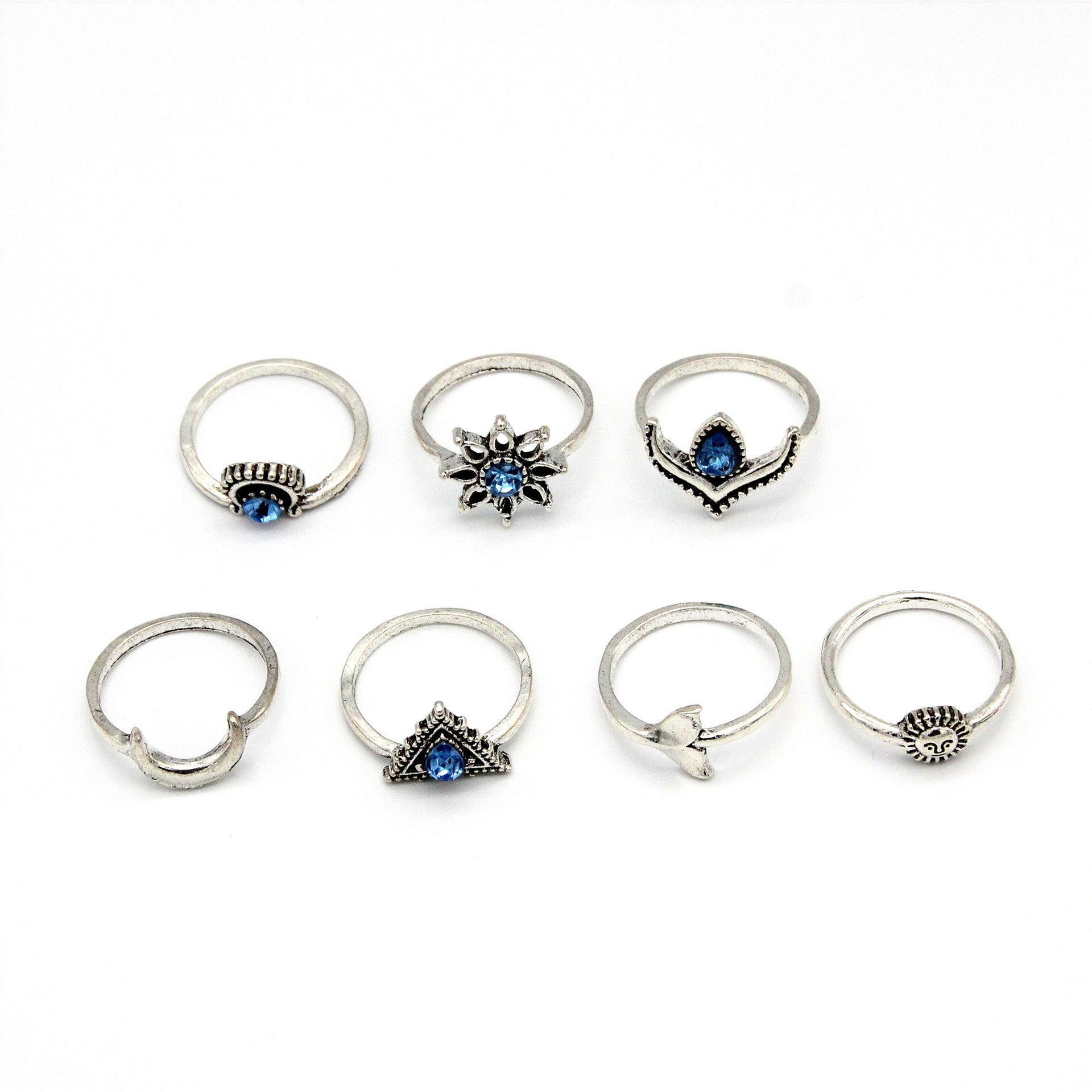 Sun Crescent Triangle Gem Fishtail Flower Ring Suit - Norellé