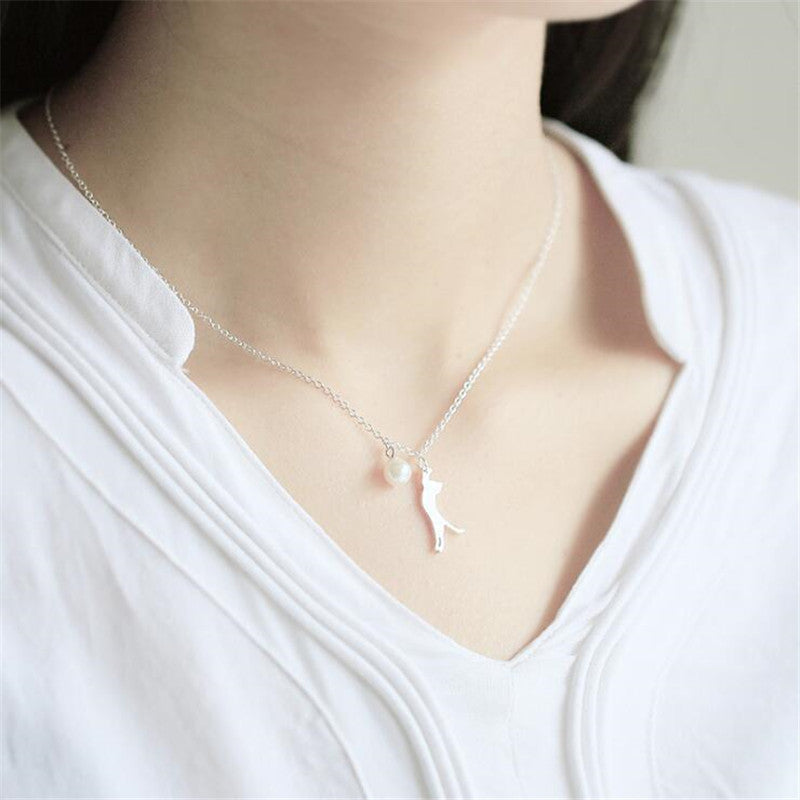 Cute Fashion Brushed Kitty Pearl With Clavicle Chain Necklace - Norellé