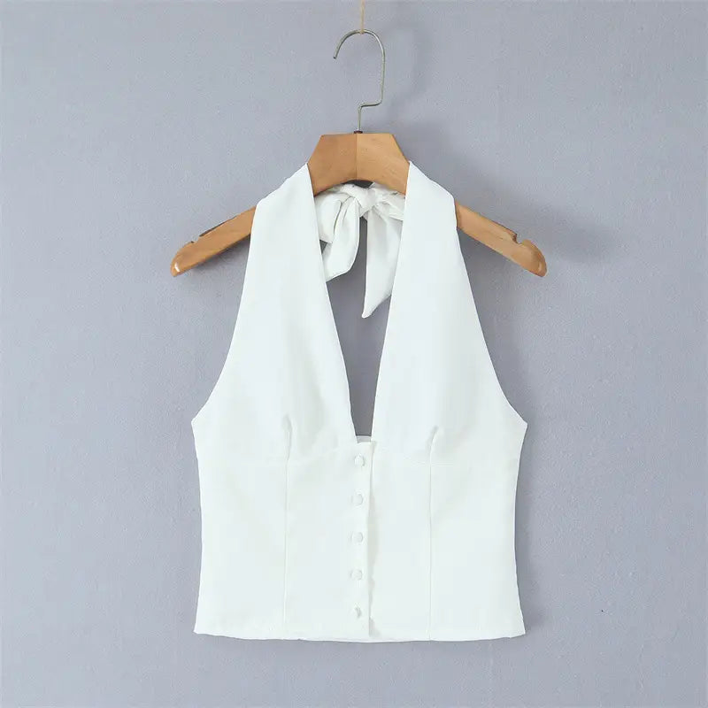 French Elegant Style Casual V-neck Backless Lace Up Halterneck Vest Short Skirt